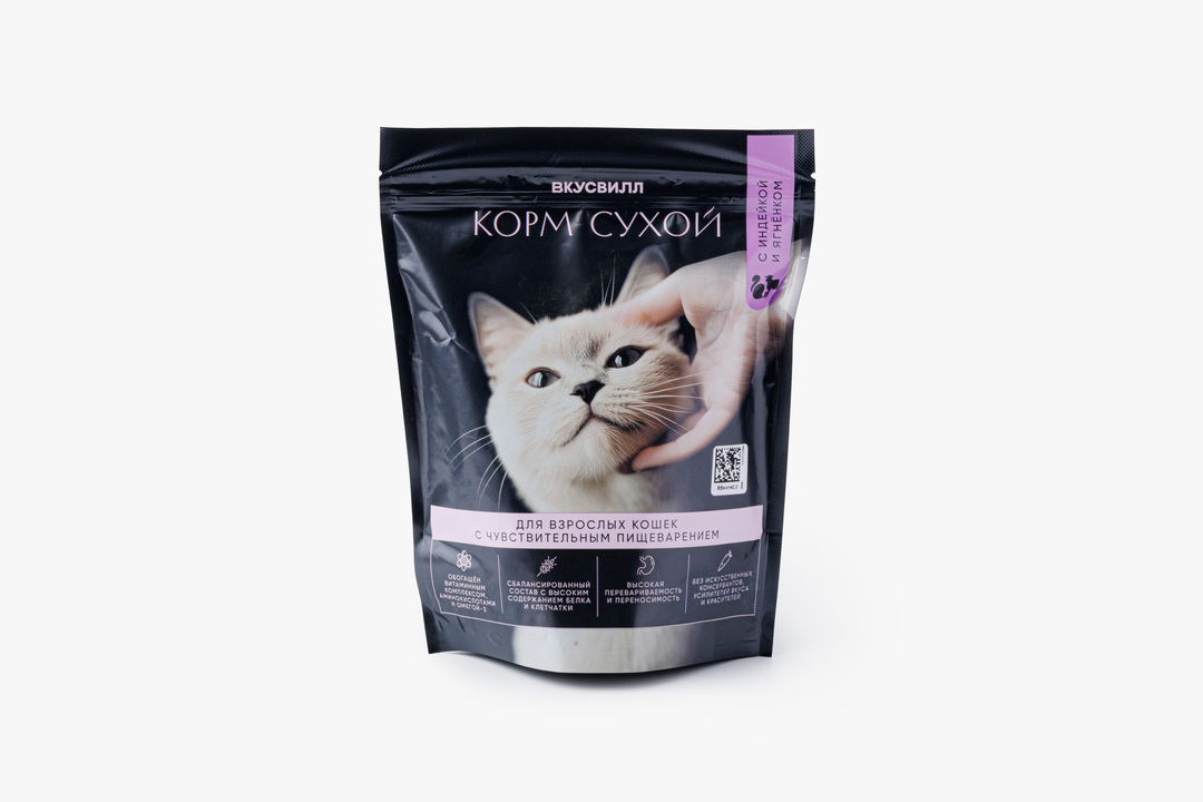 

Корм сухой ВкусВилл для взрослых кошек с чувствительным пищеварением с индейкой и ягнёнком 300 г