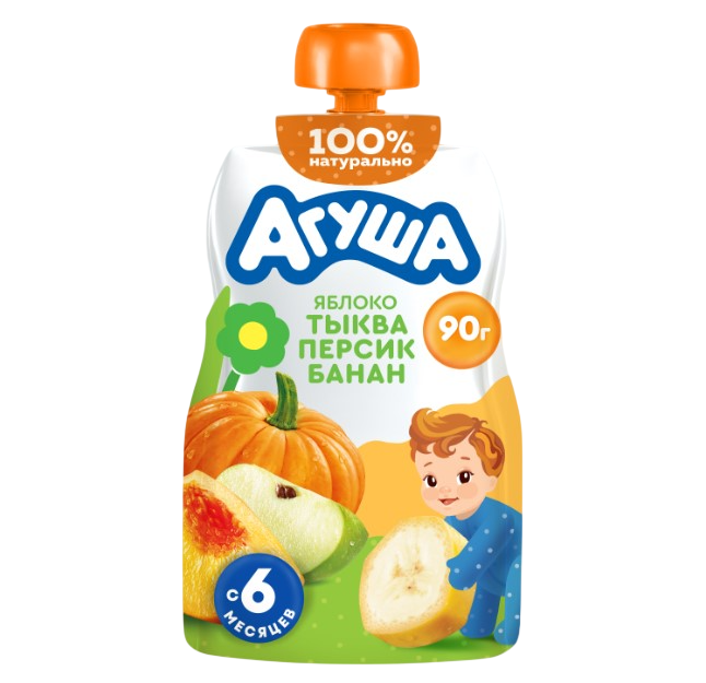 

Пюре фруктово-овощное Агуша яблоко-тыква-персик-банан с 6 месяцев 90 г