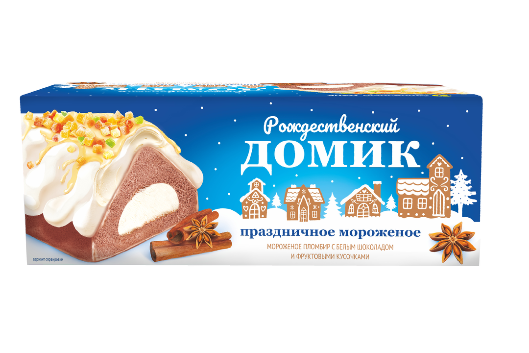 

Мороженое Солнечный день Рождественский домик пломбир с белым шоколадом и фруктовыми кусочками 500 г