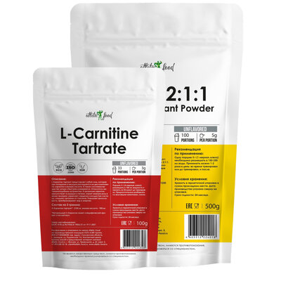 Atletic Food набор BCAA 2:1:1 100% Натуральный быстрорастворимый порошок (100% Pure Instant Powder) 500 г, L-карнитин тартрат (L-Carnitine Tatrate) порошок натуральный 100 г