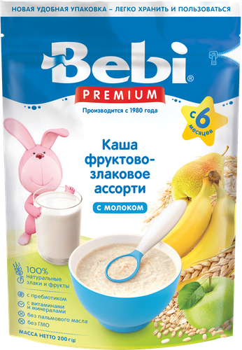 

Каша молочная Bebi Premium фруктово-злаковое ассорти сухая с 6 месяцев 200 г