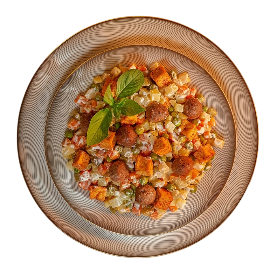 

Салат Азбука Вкуса оливье веганский с растительными фрикадельками и пряным тофу от бренд-шефа 670 г