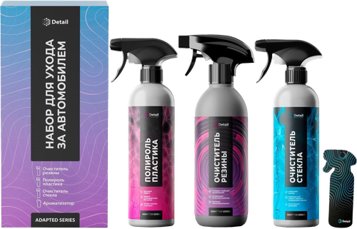 

Набор для ухода за автомобилем Detail Adapted Series: очиститель резины 500 мл, очиститель стекла 500 мл, полироль пластика 500 мл, ароматизатор воздуха картонный 1 шт.