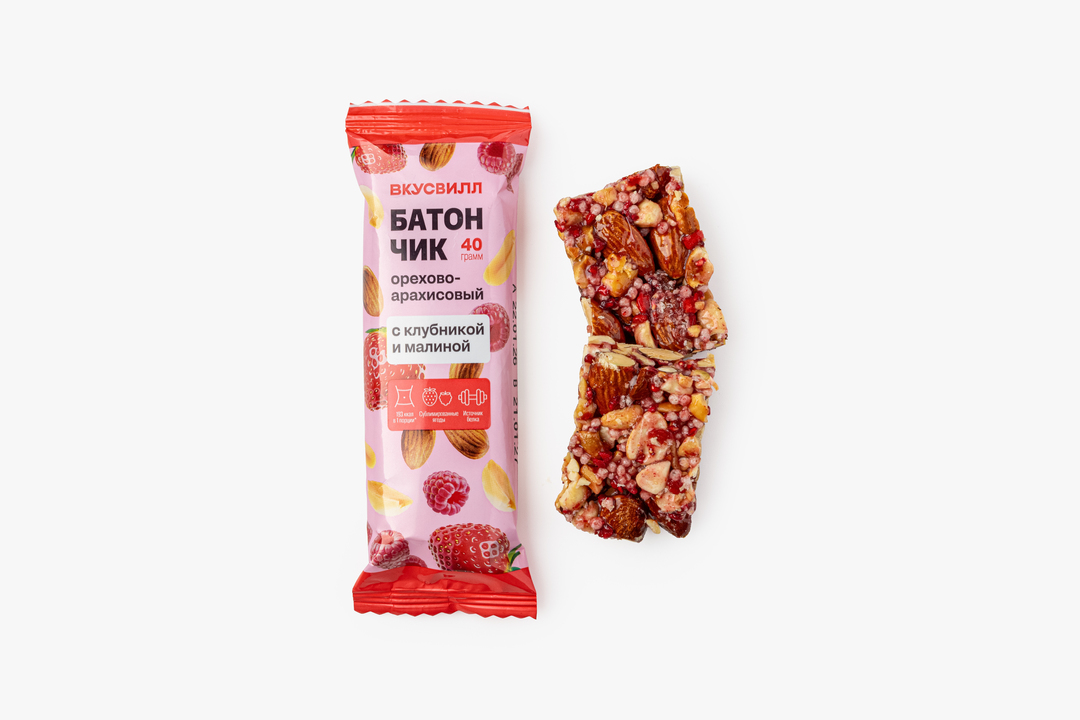 

Батончик ВкусВилл орехово-арахисовый с клубникой и малиной 40 г