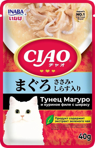 

Лакомство для кошек Inaba Тунец магуро и куриное филе с ширасу 40 г
