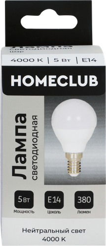 

Лампа светодиодная Homeclub шар 5 Вт E14 нейтральный свет арт. LED-G45-5E1440