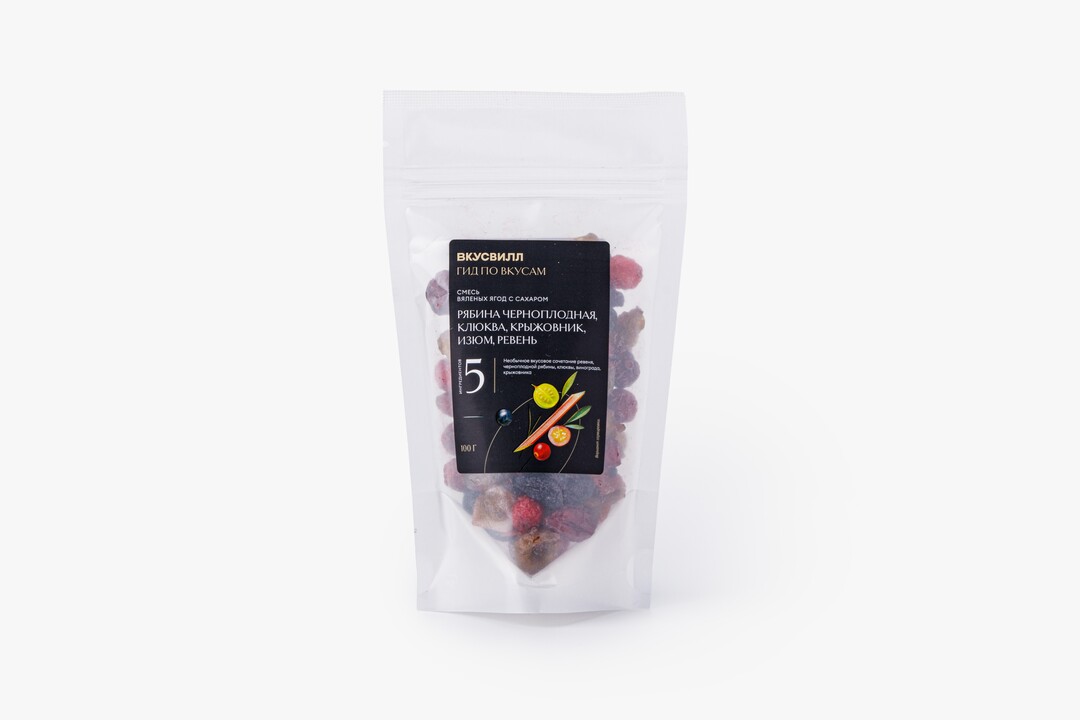 

Смесь вяленых ягод ВкусВилл с сахаром рябина черноплодная клюква крыжовник изюм и ревень 100 г