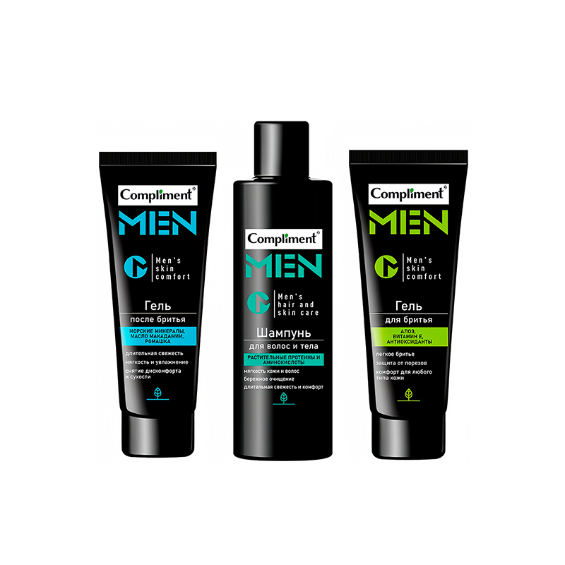 

Набор подарочный Compliment Men Все под контролем: Гель для бритья 80 мл, гель после бритья 80 мл, шампунь 200 мл