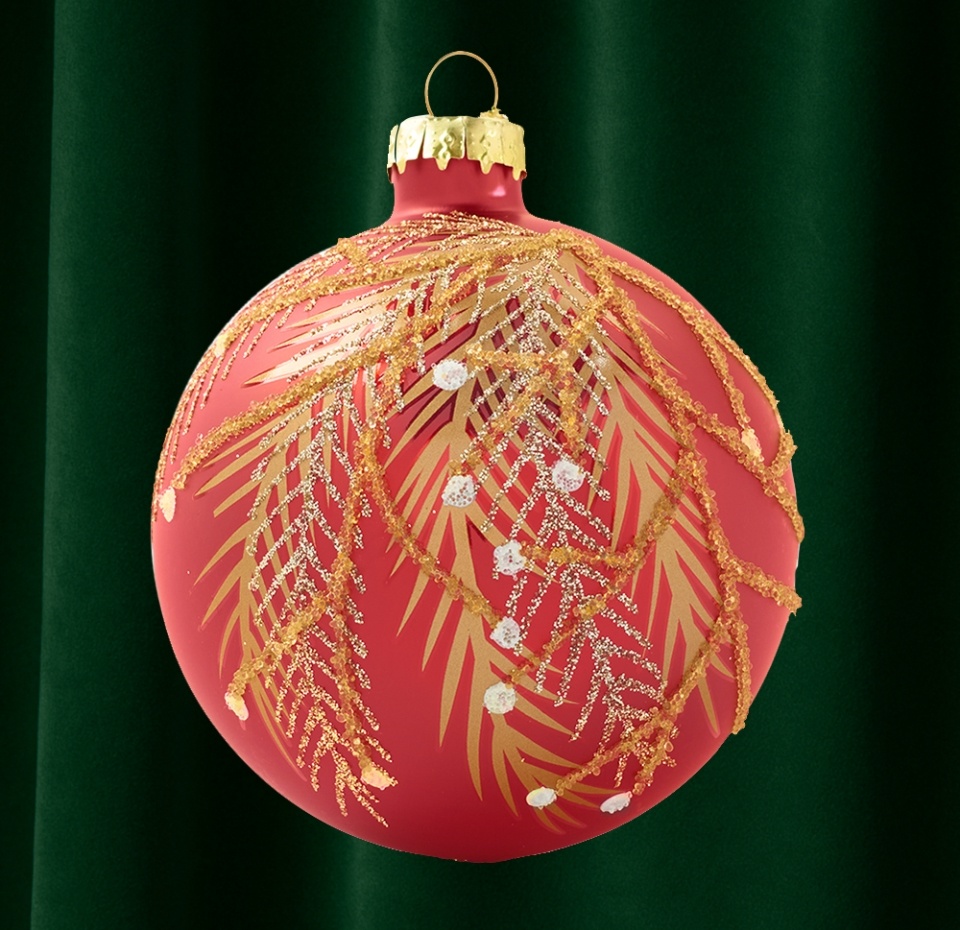 

Игрушка для елки Yancheng Shiny "Коллекция Традиции" Шар с узором золотых веток, цвет красный, 8см, стекло, Китай