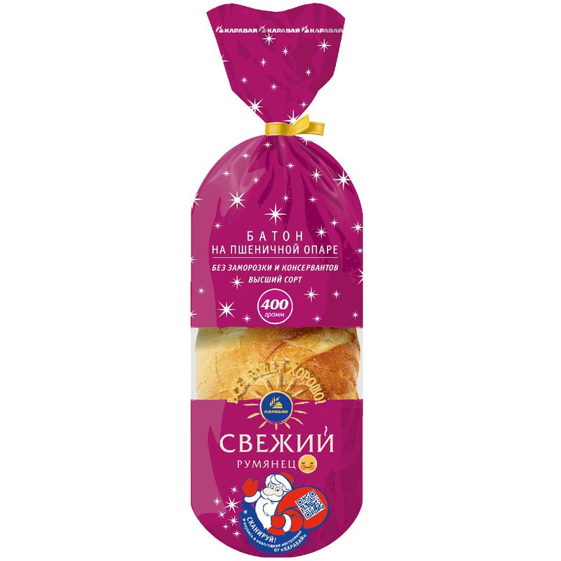 

Батон Каравай Свежий Румянец на пшеничной опаре нарезка 400 г