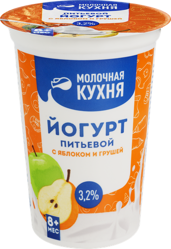 

Йогурт питьевой для питания детей Молочная кухня с яблоком, грушей с 4 витаминами 3,2%, без змж, 240 г