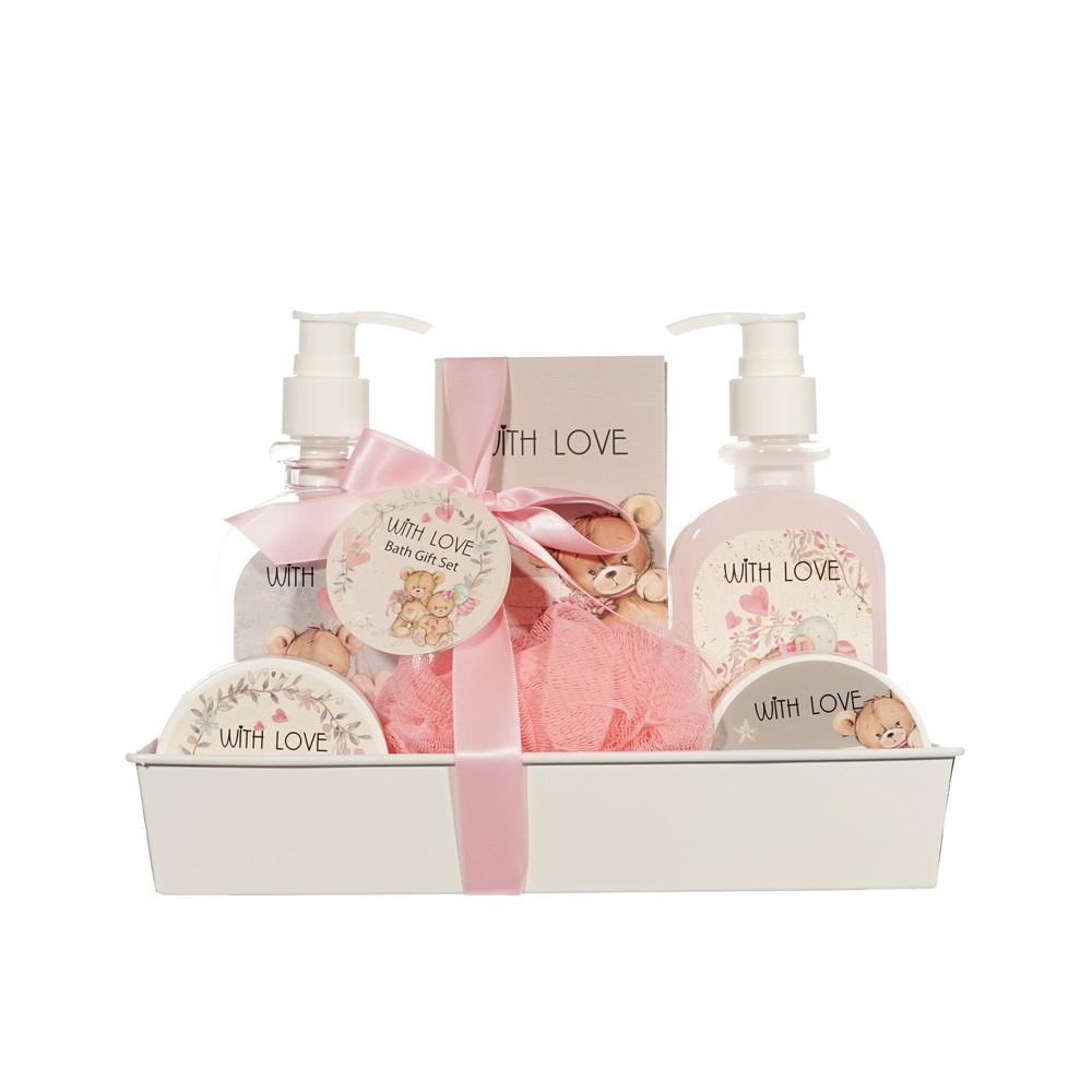 

Женский подарочный набор With Love: гель для душа 240 мл, пена для ванны 240 мл, скраб для тела 50 мл, лосьон для тела 50 мл, соль для ванны 100 г, мочалка для тела 1 шт.