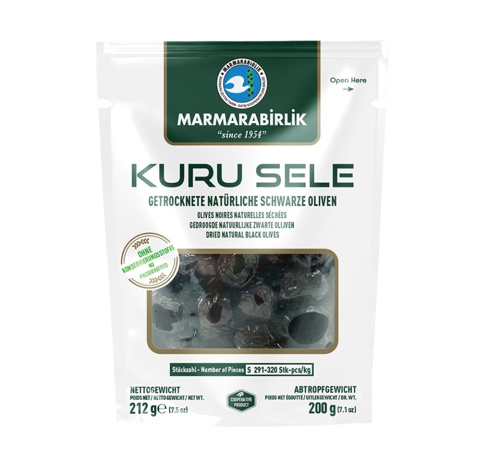 

Оливки Marmarabirlik Kuru Sele Hususi S черные натуральные с косточкой вяленые 212 г