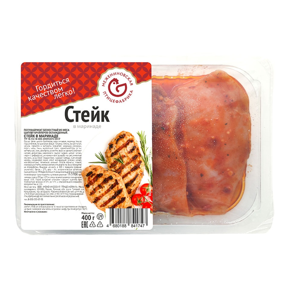 

Стейк Межениновская птицефабрика из мяса цыплят-бройлеров в маринаде охлажденный 400 г