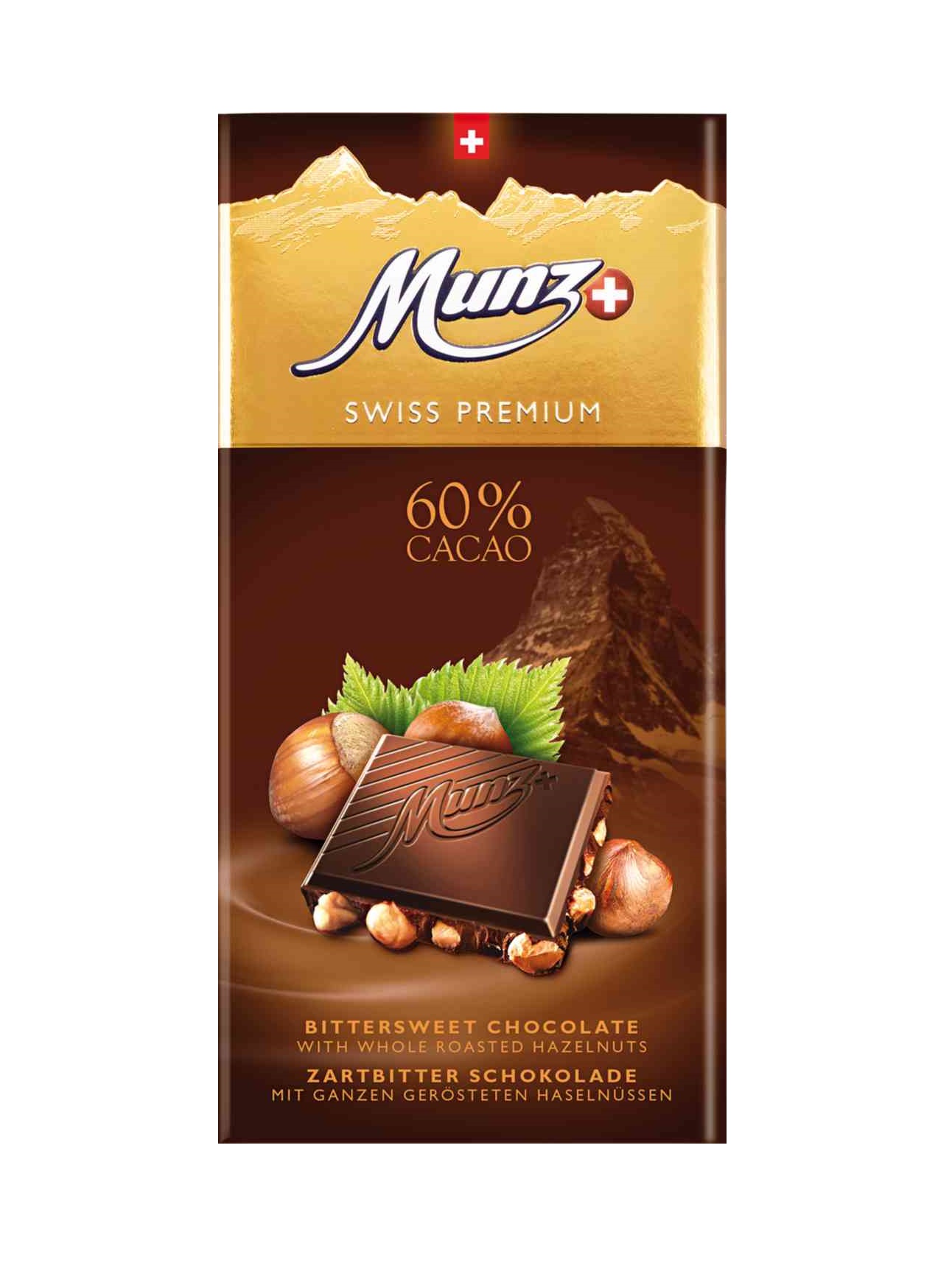 

Шоколад горький Munz Swiss Premium с обжаренным фундуком 60% какао 100 г