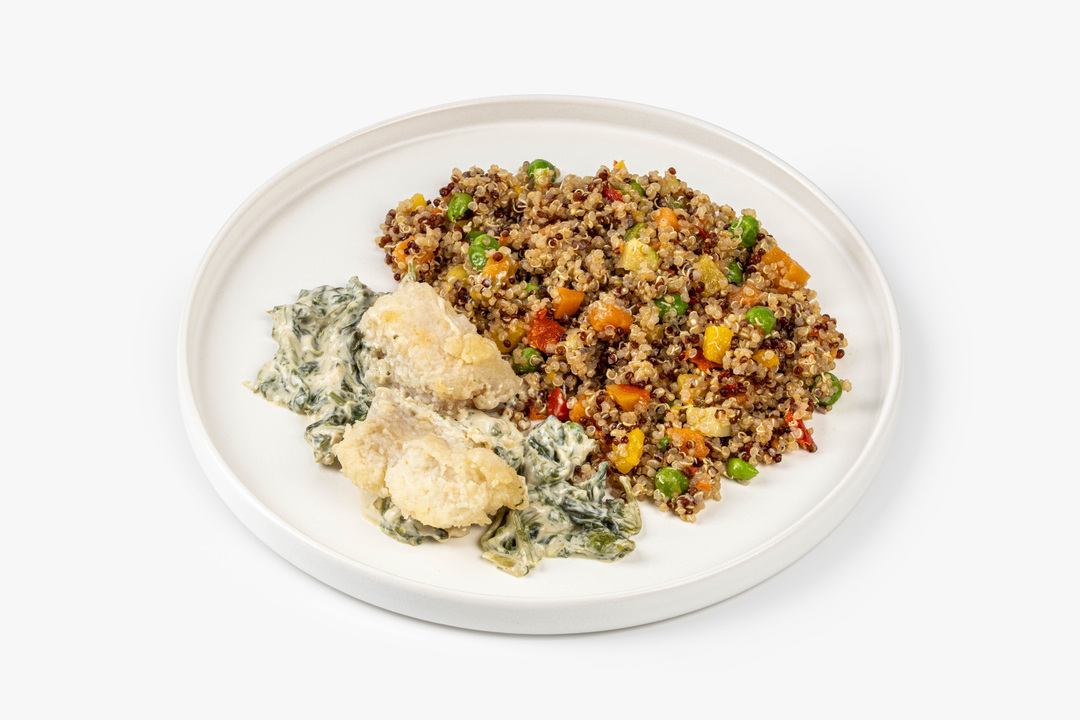 

Треска ВкусВилл в сливочно-шпинатном соусе с киноа и овощами 200 г