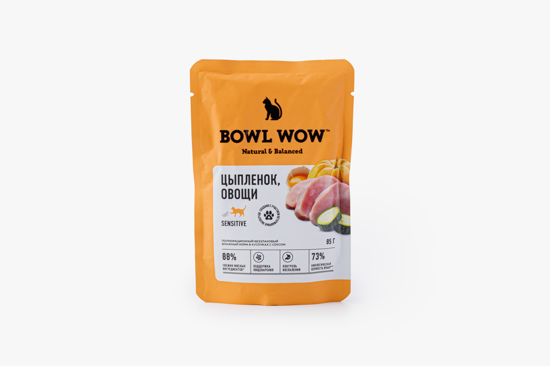 

Влажный корм Bowl Wow для кошек с чувствительным пищеварением Цыпленок овощи 85 г
