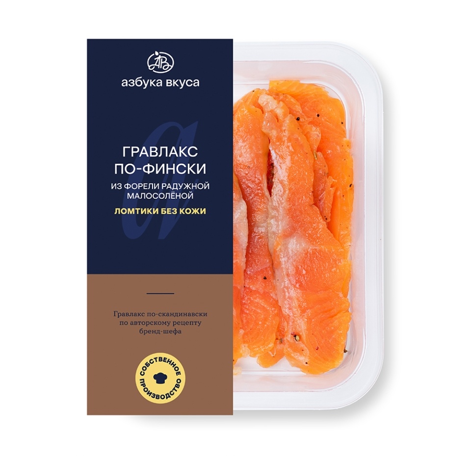 

Гравлакс по-фински из форели радужной малосолёной (ломтики без кожи), «Азбука вкуса», 170 г, Россия