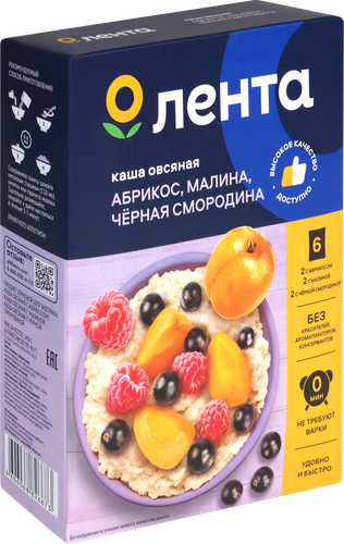 

Каша овсяная Лента Ассорти: с абрикосом, с малиной, с черной смородиной 6 шт. х 40 г