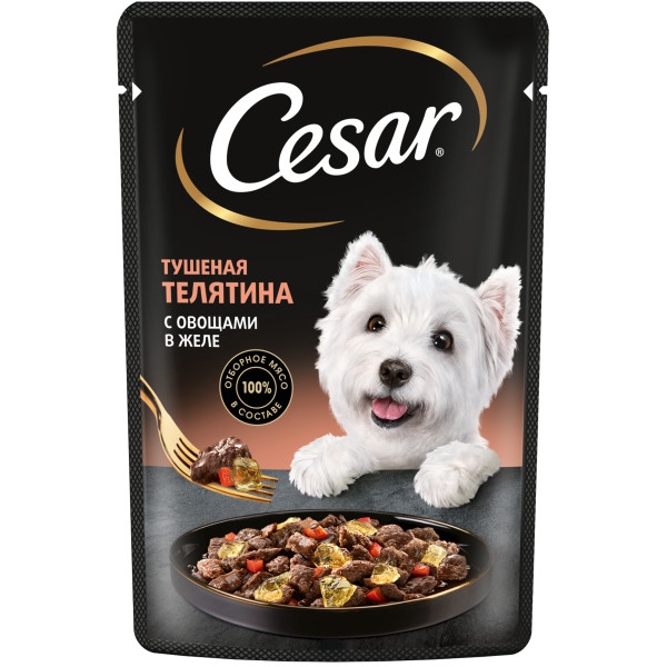 

Влажный корм Cesar для взрослых собак с тушеной телятиной и овощами в желе 85 г