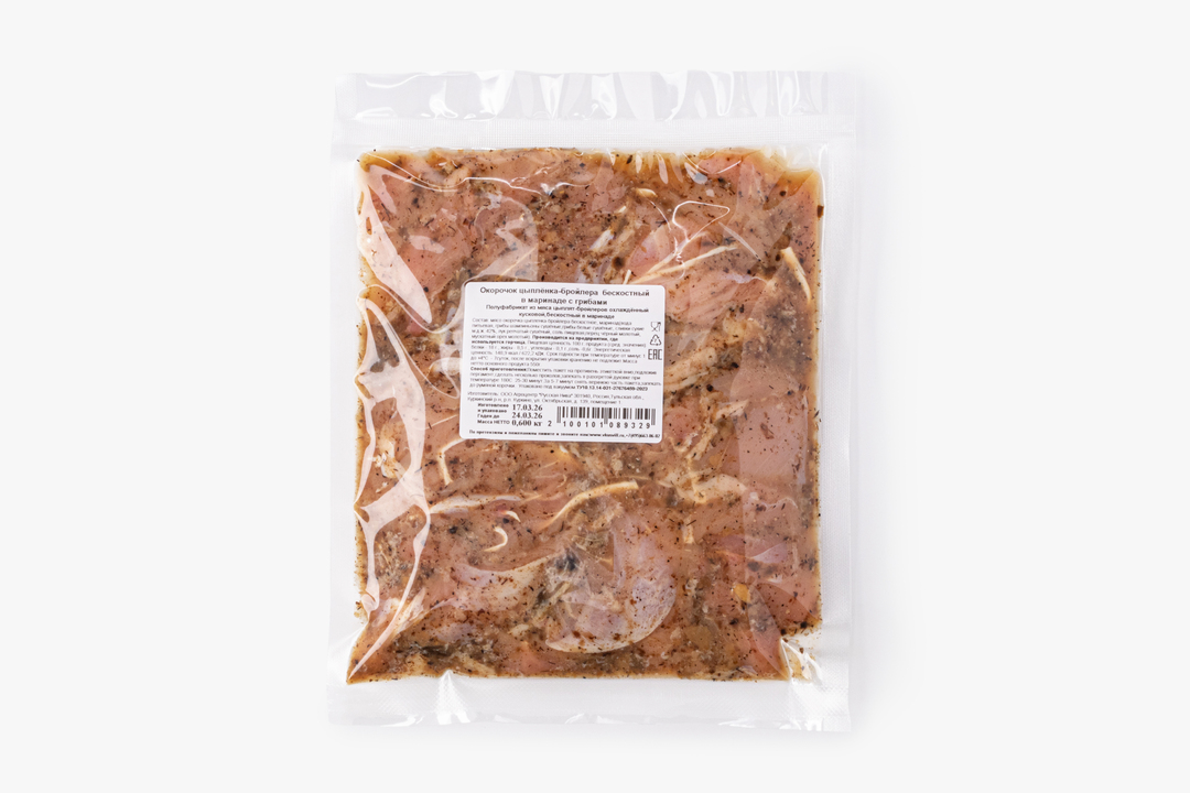 

Окорочок цыпленка-бройлера ВкусВилл бескостный в маринаде с грибами 600 г