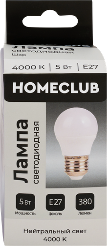 

Лампа светодиодная Homeclub шар 5 Вт E27 нейтральный свет арт. LED-G45-5E2740