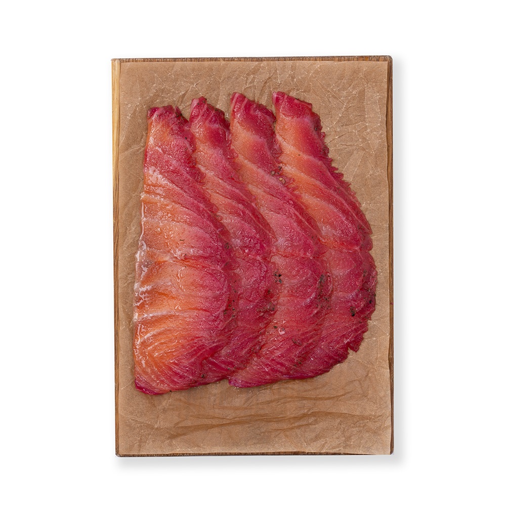 

Гравлакс Азбука Вкуса из лосося атлантического (сёмги) малосоленого ломтики без кожи в свекольном соке с коньяком, базиликом и укропом 170 г