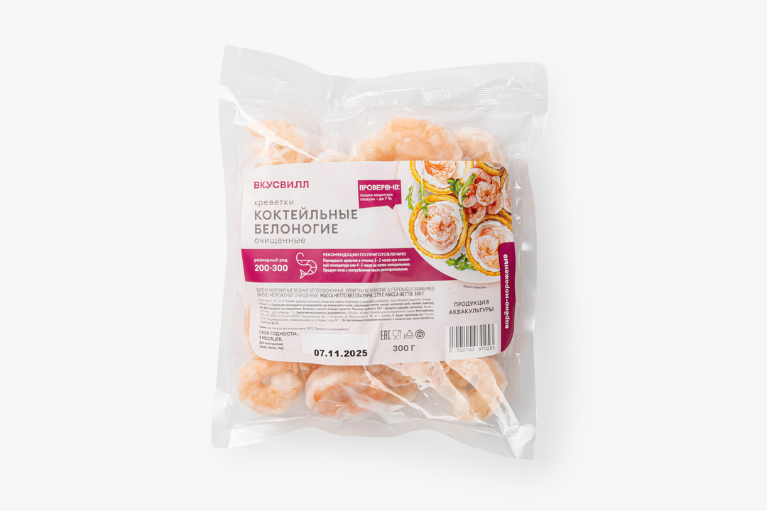 

Креветки коктейльные белоногие очищ. в/м, 300 г(Продукт замороженный)