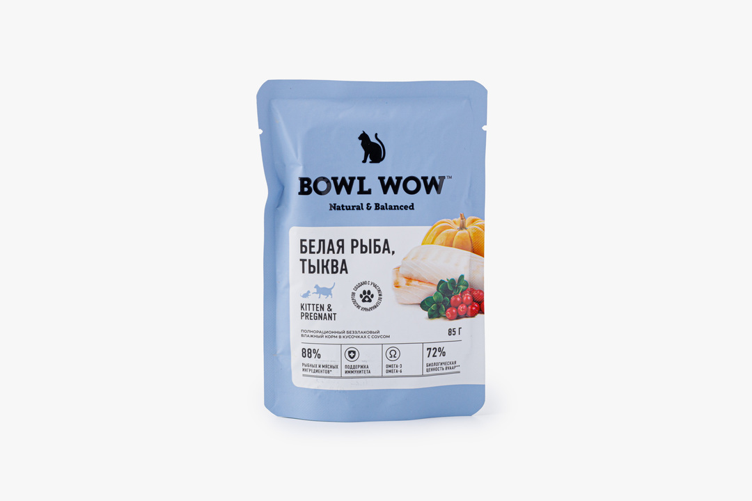 

Влажный корм Bowl Wow для котят и беременных кошек Белая рыба тыква в соусе 85 г