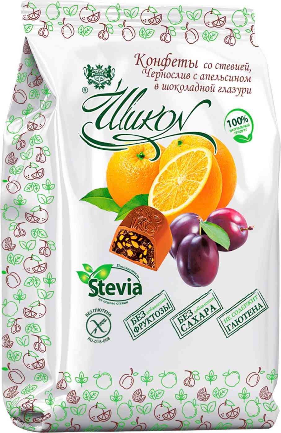 

Конфеты Шикон Чернослив с апельсином в шоколадной глазури со стевией 150 г