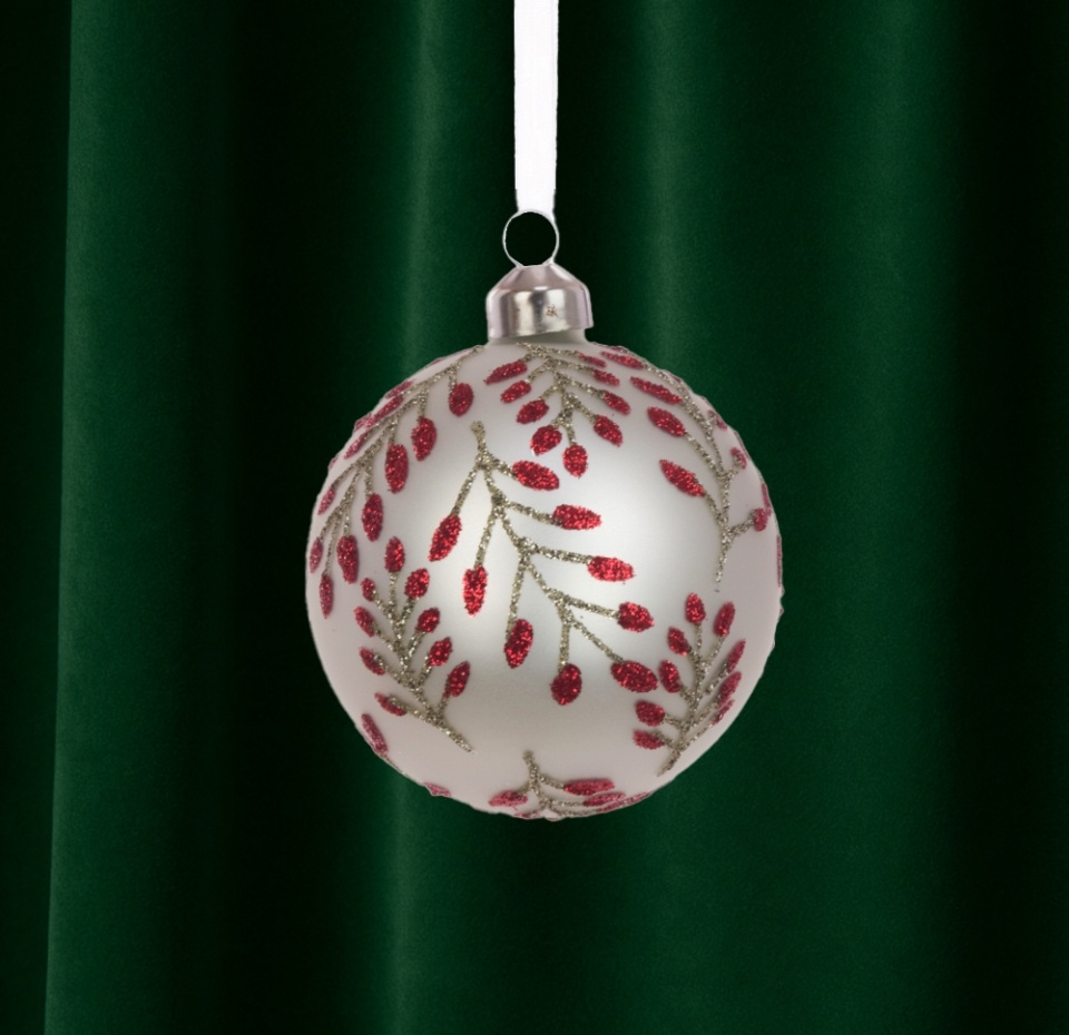 

Игрушка для елки Floralsilk коллекция Традиции, Шар с узором рябиновая ветка, цвет серебристый, 8 см, стекло