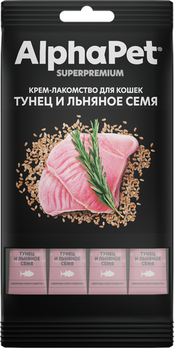 

Крем-лакомство для кошек AlphaPet Тунец и льняное семя 4 шт. х 12 г