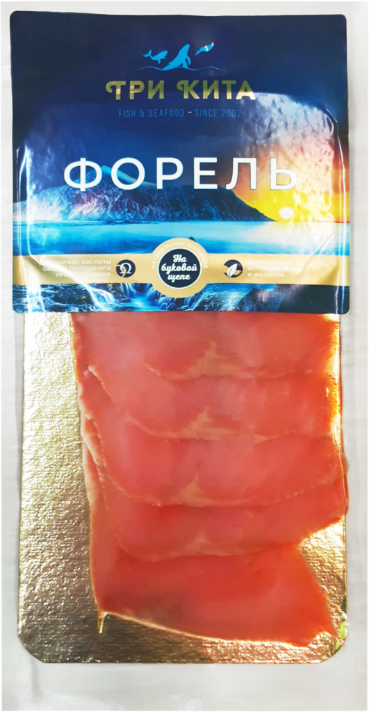 

Форель Три кита ломтики холодного копчения 100 г