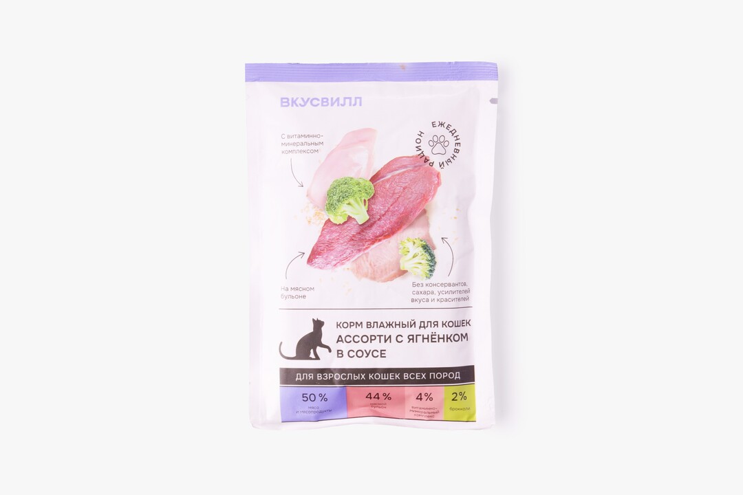 

Корм влажный для кошек ВкусВилл Ассорти с ягненком в соусе 85 г