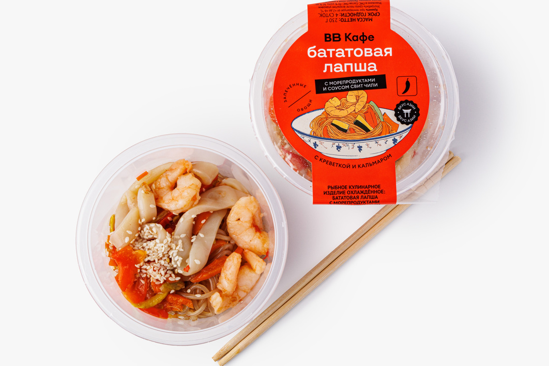 

Лапша ВкусВилл кафе бататовая с морепродуктами и соусом свит чили 230 г