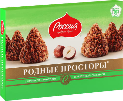 

Конфеты Россия - Щедрая душа! покрытые хрустящей обсыпкой Родные просторы с фундуком 180 г