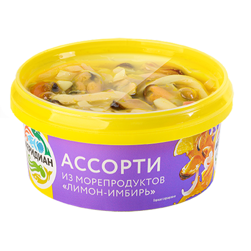 

Ассорти из морепродуктов Меридиан в соусе лимон с имбирем 180 г