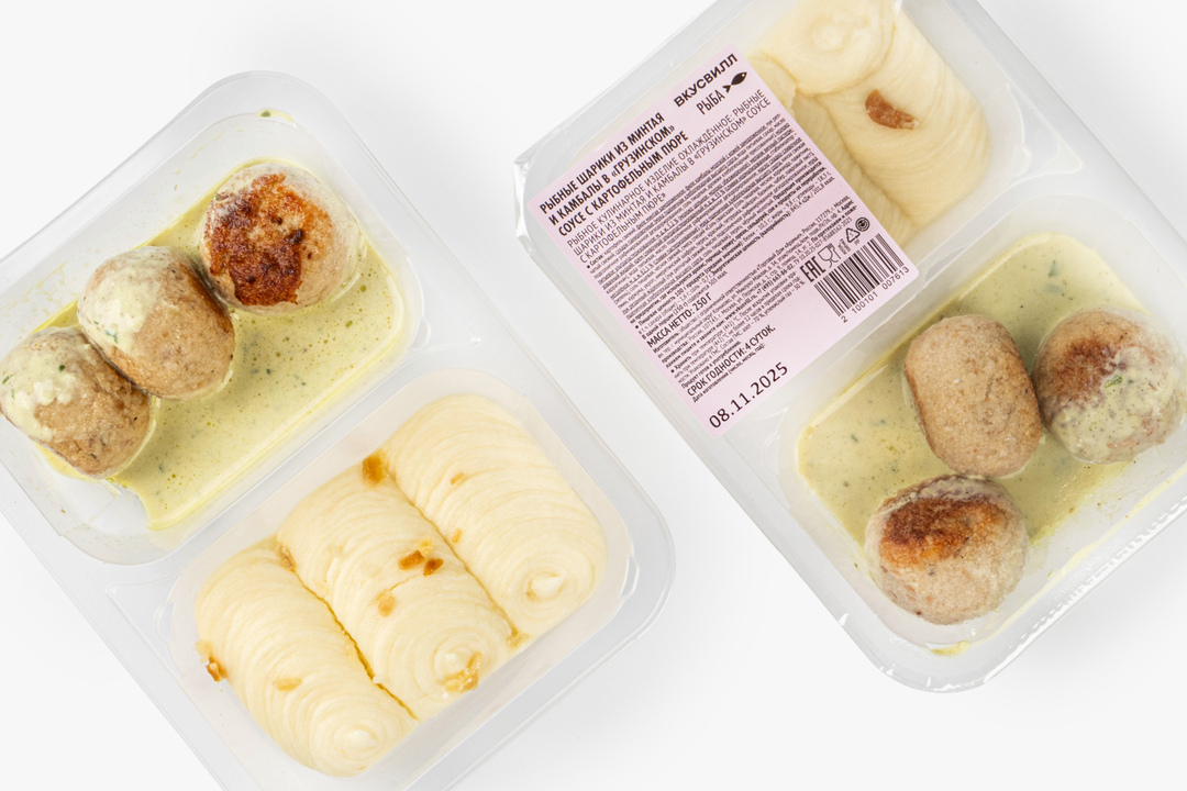 

Рыбные шарики из минтая и камбалы ВкусВилл в Грузинском соусе с картофельным пюре 250 г