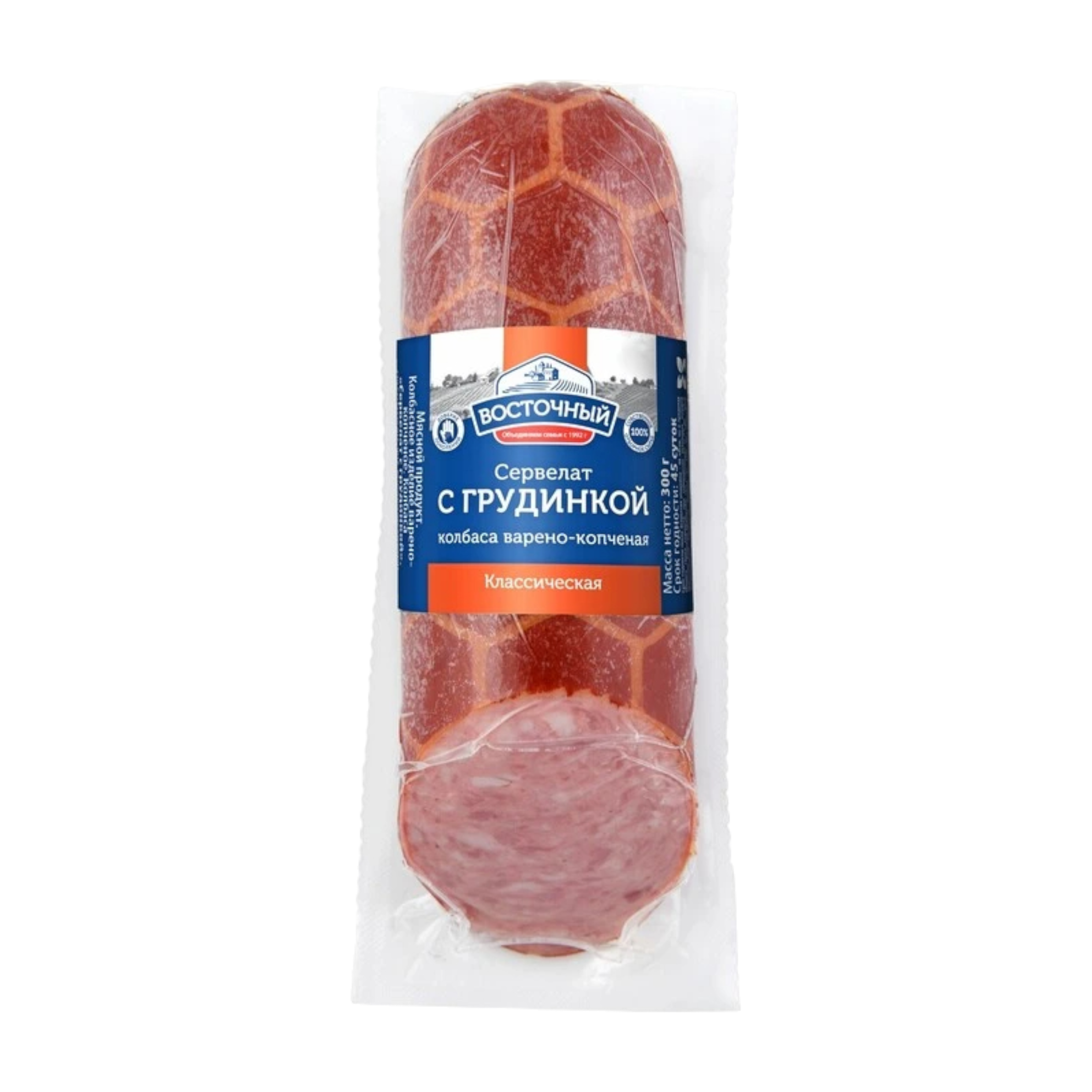 

Колбаса варено-копченая Восточный Сервелат с грудинкой 300 г