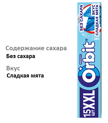 

Жевательная резинка Orbit XXL Сладкая мята без сахара 20.4 г