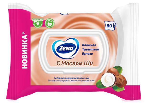 

Влажная туалетная бумага Zewa с маслом ши смываемая 80 л