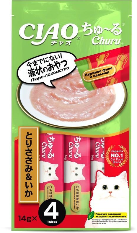 

Лакомство-пюре для кошек Inaba Ciao Churu Куриное филе и кальмар 14 г 4 шт