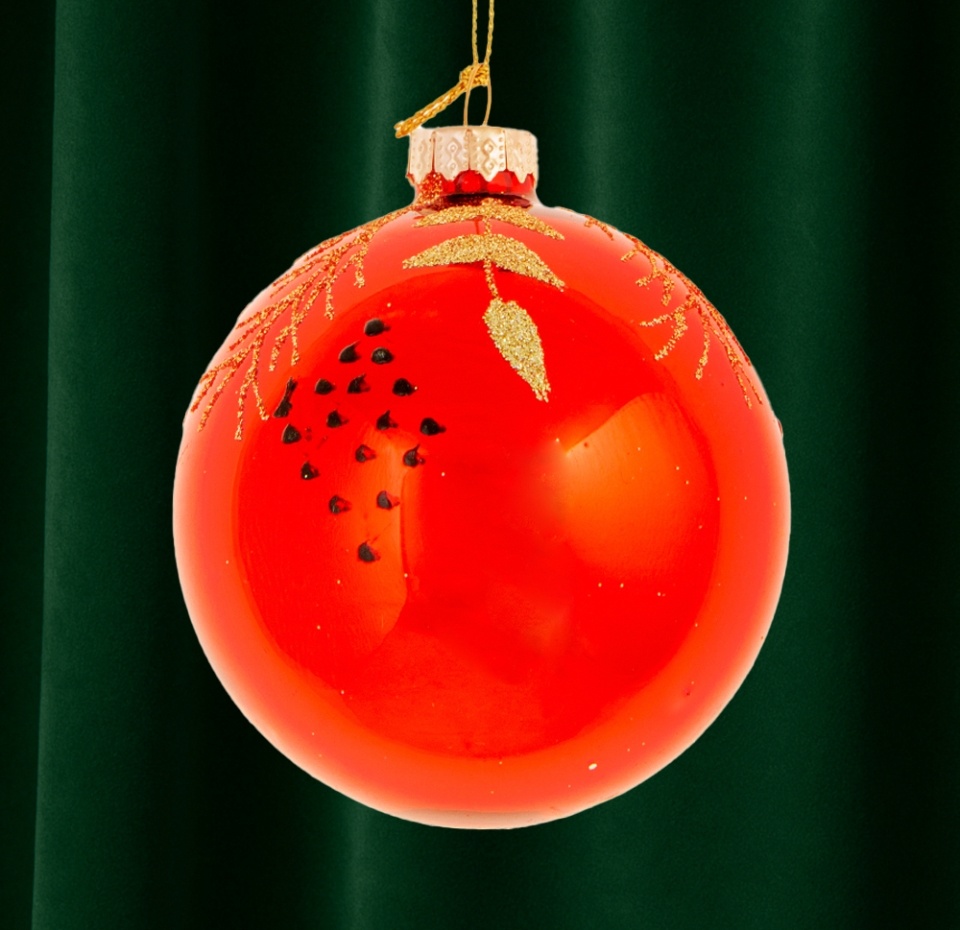 

Игрушка для елки Yancheng Shiny Коллекция Традиции Шар с узором золотые грозди ягод размер 8 см цвет красный, стекло, Китай