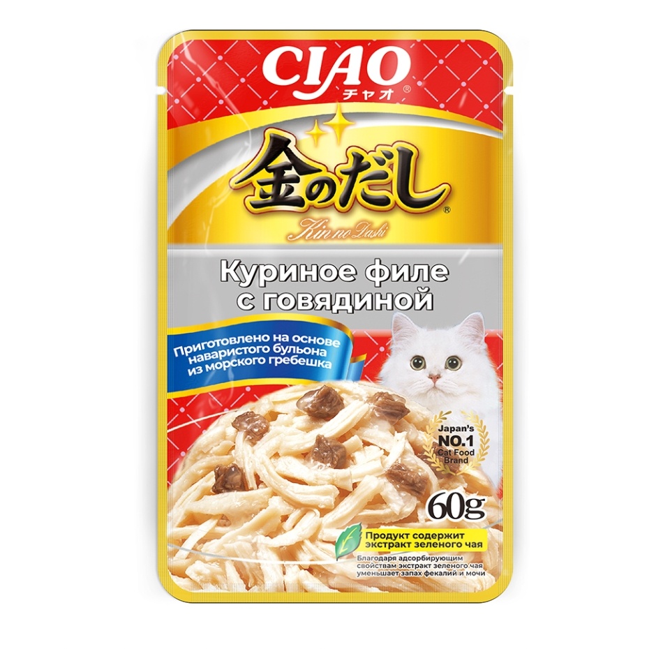 

Влажный корм для кошек Inaba Ciao Kinnodashi Куриное филе с говядиной 60 г