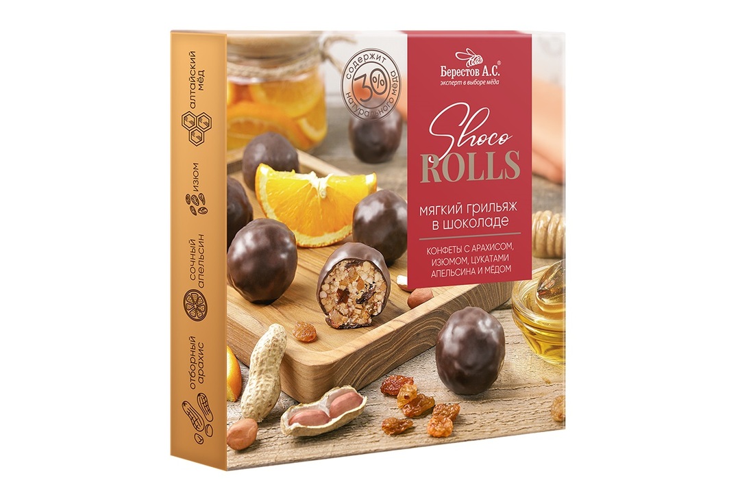 

Конфеты грильяж Берестов А.С. Shoco Rolls мягкие с арахисом изюмом цукатами апельсина и медом 135 г