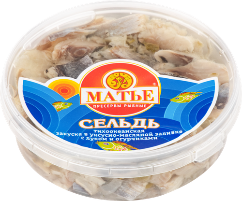 

Сельдь Матье Тихоокеанская закуска филе-кусочки в уксусно-масляной заливке с луком и огурчиками 260 г