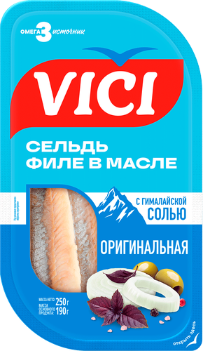 

Сельдь тихоокеанская солёная Оригинальная Vici филе в масле с гималайской солью 250 г