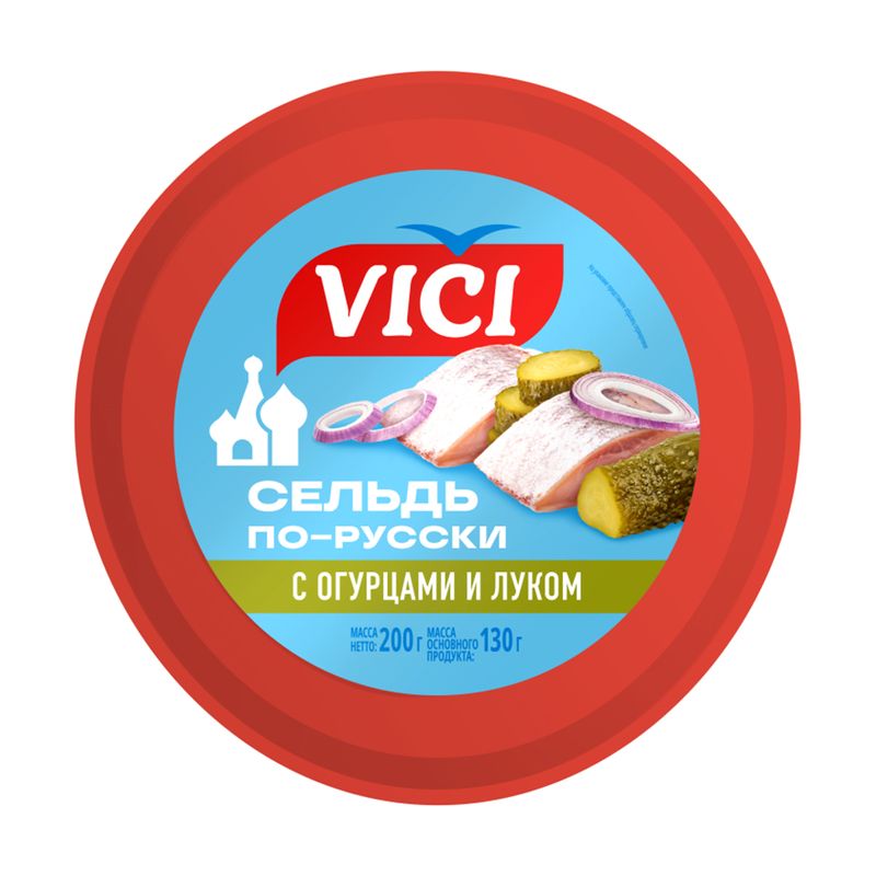 

Филе-кусочки сельди Vici По-русски с огурцами и луком в масле 200 г