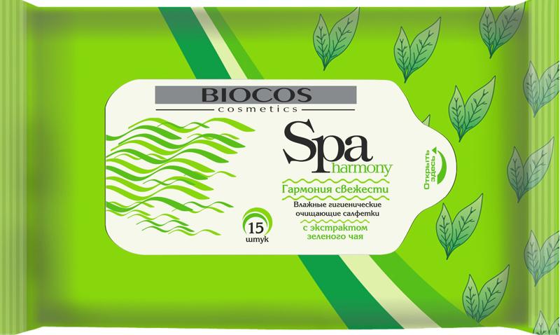 

Влажные салфетки очищающие Biocos Spa harmony с экстрактом зеленого чая 15 шт.