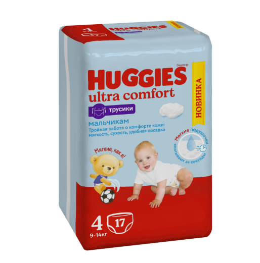 

Трусики-подгузники Huggies для мальчиков 4-L 9-14 кг 17 шт. дизайн упаковки в ассортименте
